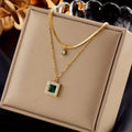 Double-Layer Necklace with Green Square Pendant and Fine Chains