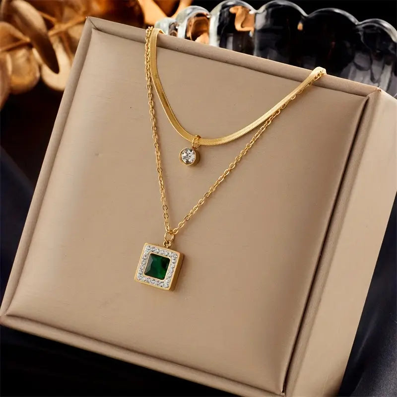 Double-Layer Necklace with Green Square Pendant and Fine Chains