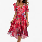 Neutral Floral Print Midi Dress with Flared Cut