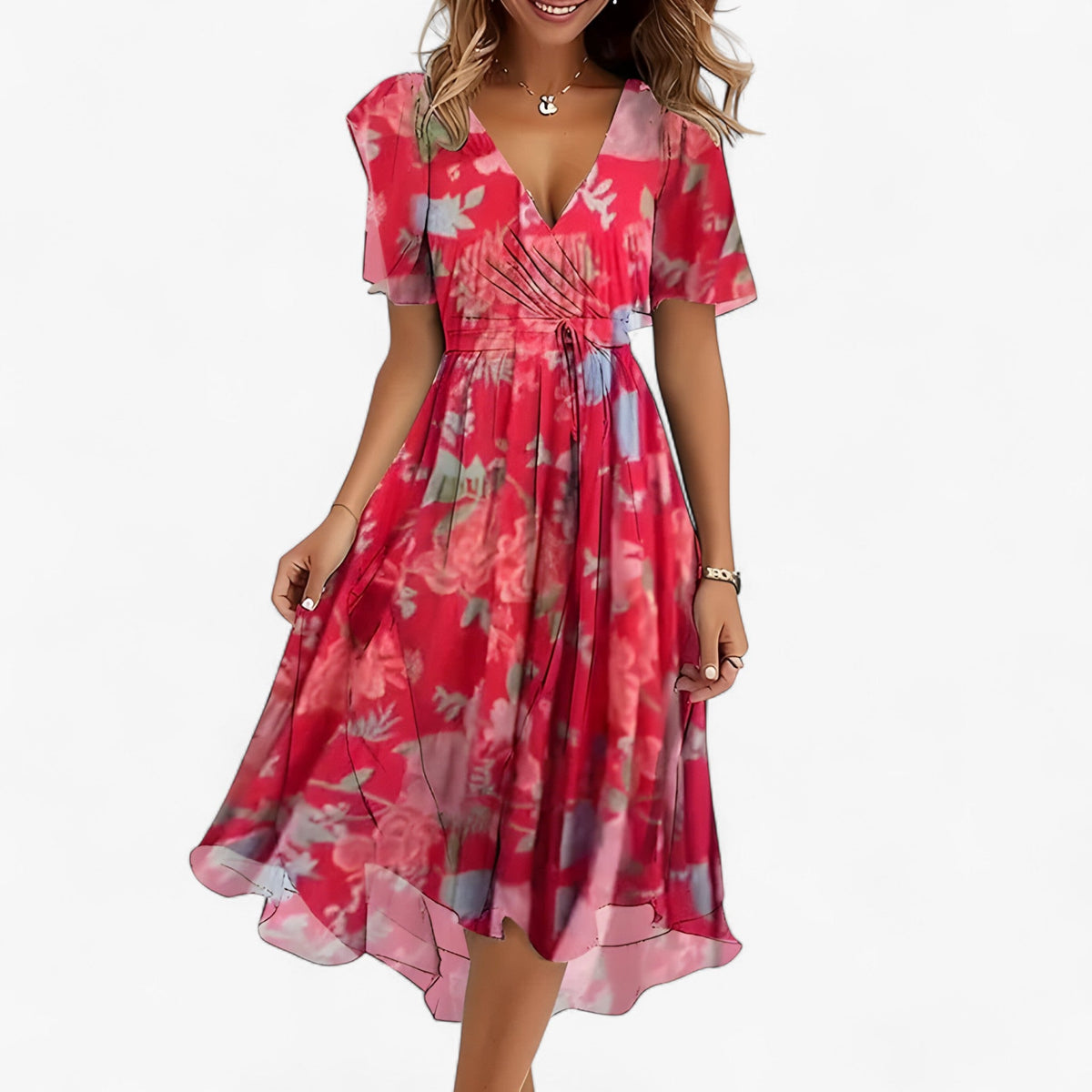 Neutral Floral Print Midi Dress with Flared Cut