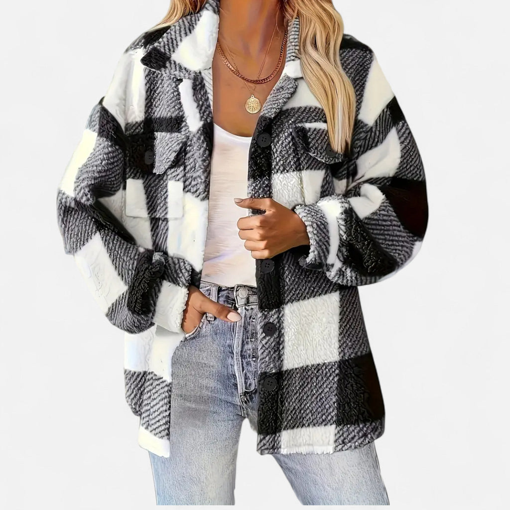 Checked Sherpa Jacket with Button Front and Oversized Fit