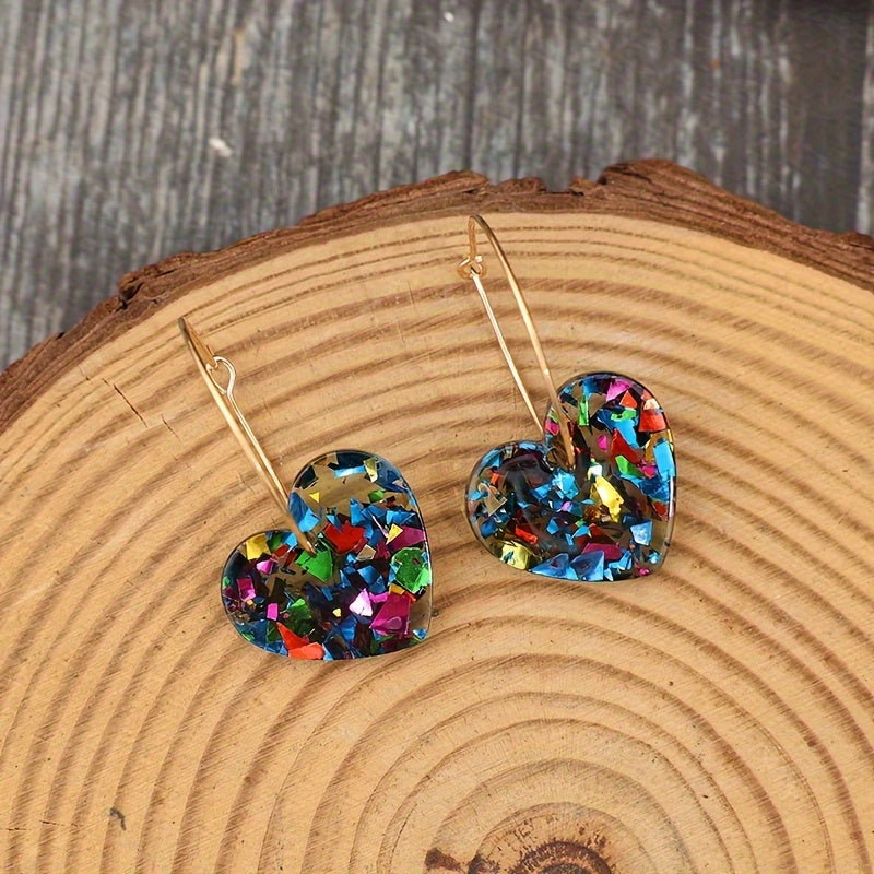 Vintage Resin Glitter Heart Pendant Earrings with Playful Sparkle