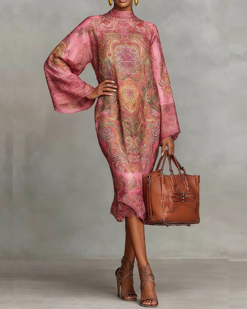 High Neck Printed Dress with Ruched Detail