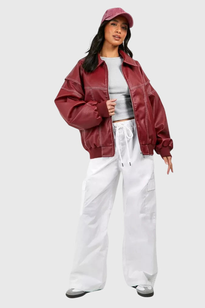 Oversized Leather Look Jacket in Bold Red