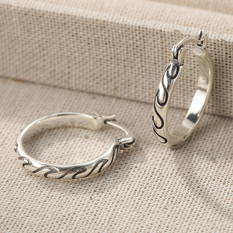 Vintage Textured Boho Hoop Earrings in Silver Colour