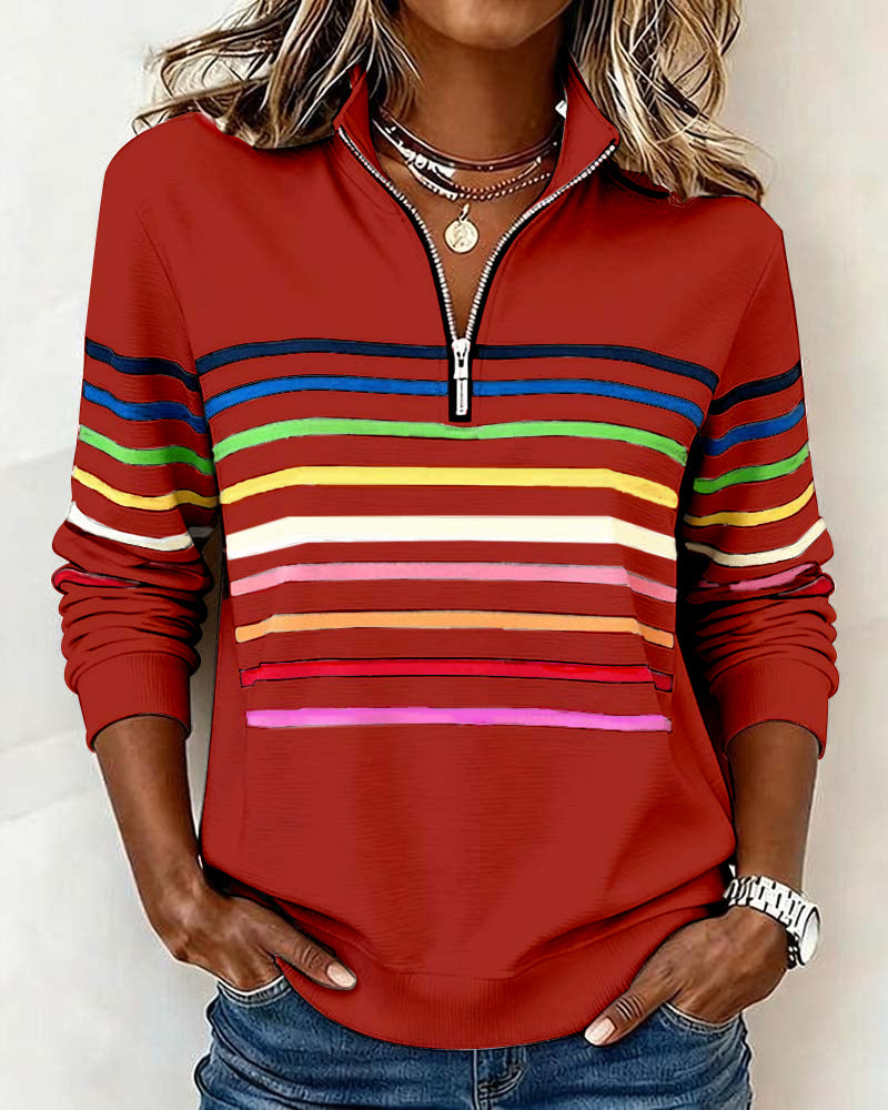 Half Zip Sweatshirt with Stand Collar and Stripe Detail