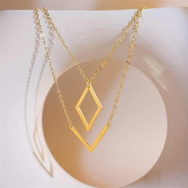 Retro Geometric V-Pendant Necklace in Gold Colour with Sharp Lines