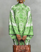 High Neck Printed Dress with Ruched Detail