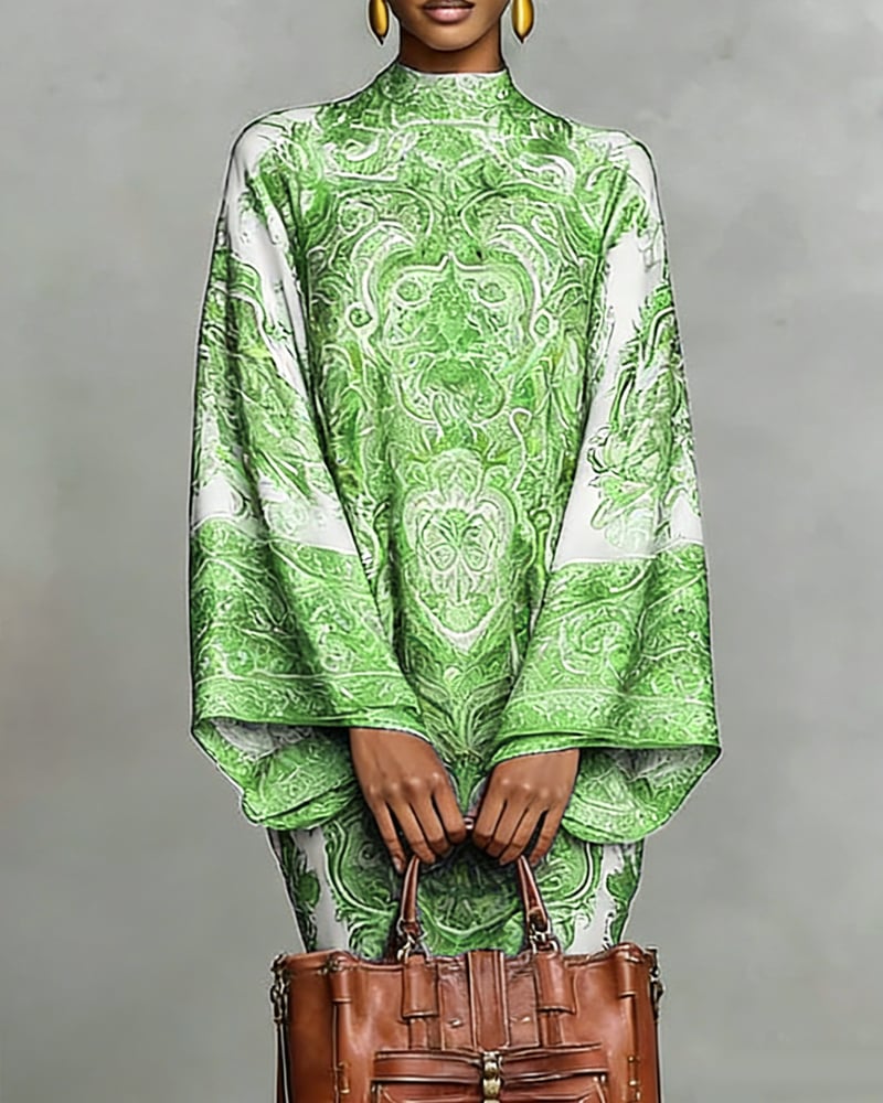 High Neck Printed Dress with Ruched Detail