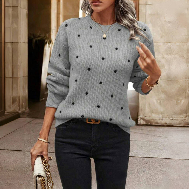 Jersey de punto de lunares con cuello redondo y remate de canalé