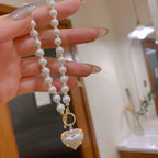 Faux Pearl Bead Necklace with Heart Pendant in Gold Colour