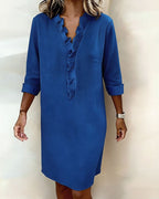 Vestido de algodón y lino con cuello de pico y detalle de volantes