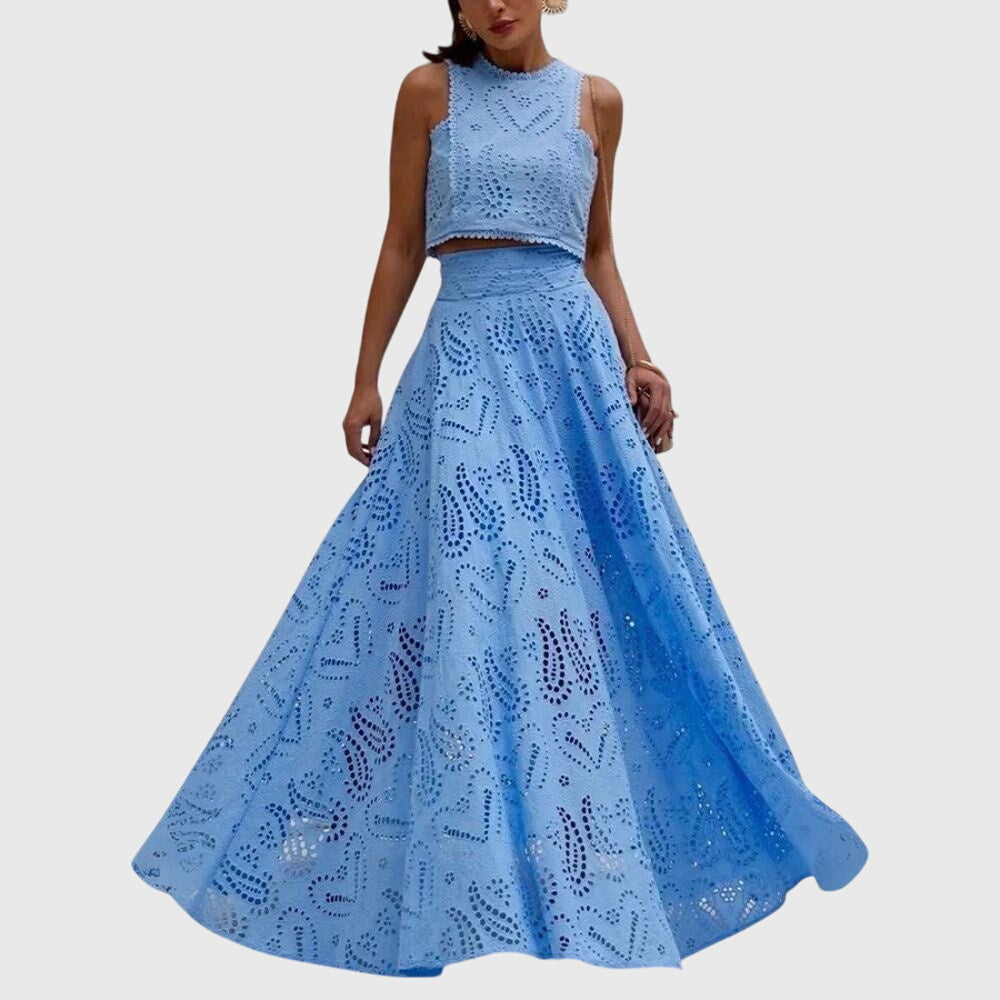 Conjunto de dos piezas con top corto sin mangas y falda larga