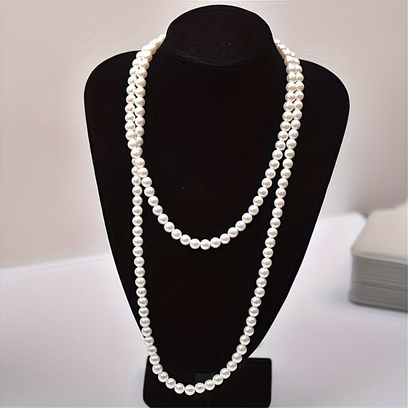 Long Double-Strand Faux Pearl Necklace with Elegant Drape