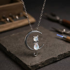 Milky White Stone Crescent Moon and Cat Pendant Necklace