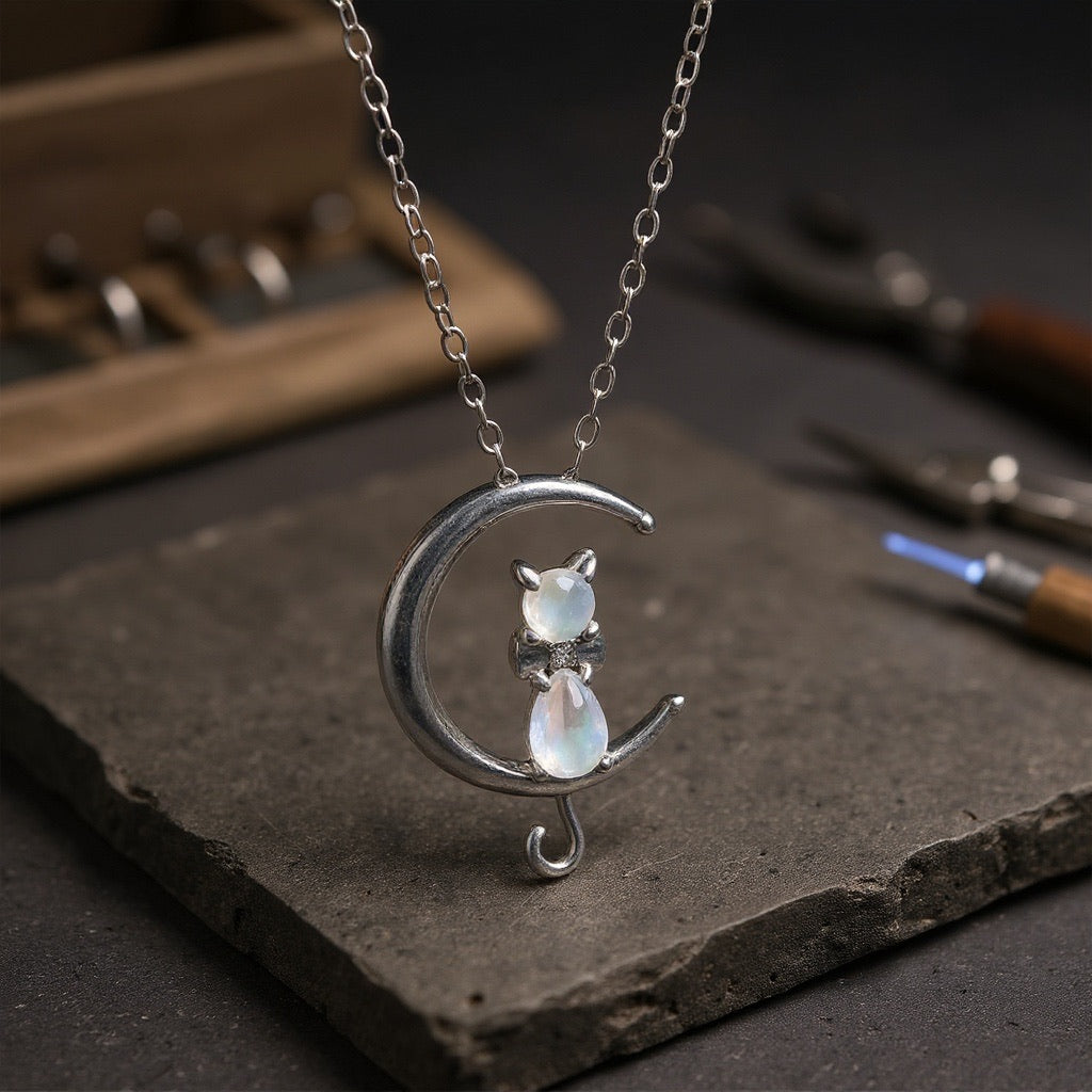 Milky White Stone Crescent Moon and Cat Pendant Necklace