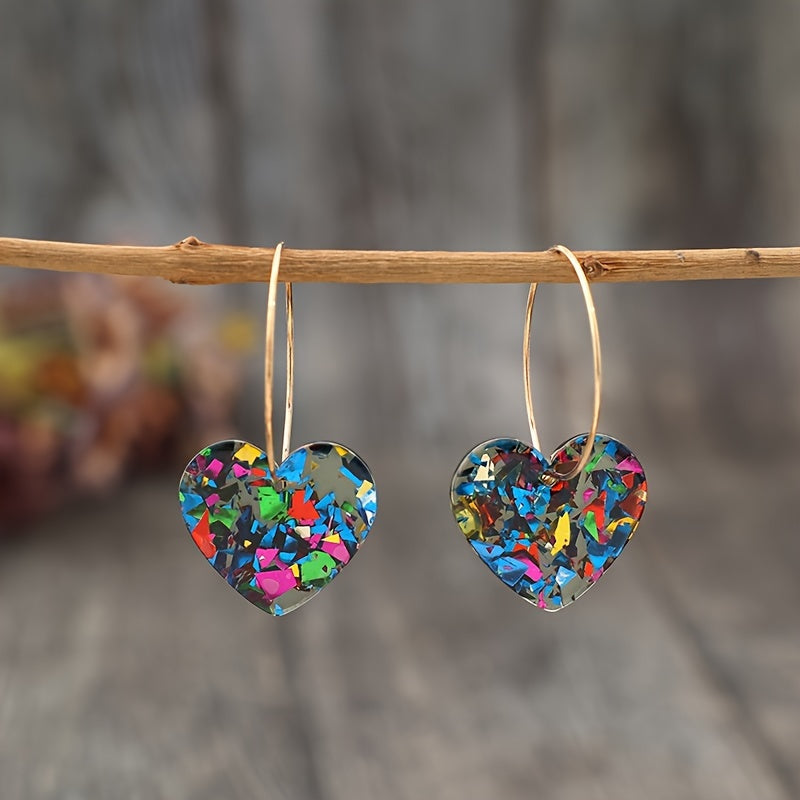Vintage Resin Glitter Heart Pendant Earrings with Playful Sparkle