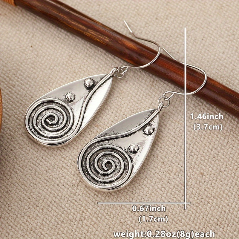 Vintage Spiral Teardrop Sun Earrings in Silver Colour