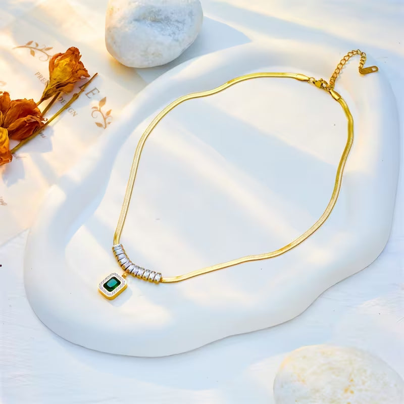 Green Stone Prism Pendant Necklace in Gold Colour with Faceted Shape