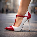 Patent Finish T-Strap Heels with Two Tone Design