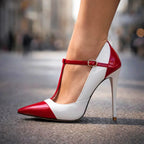 Patent Finish T-Strap Heels with Two Tone Design