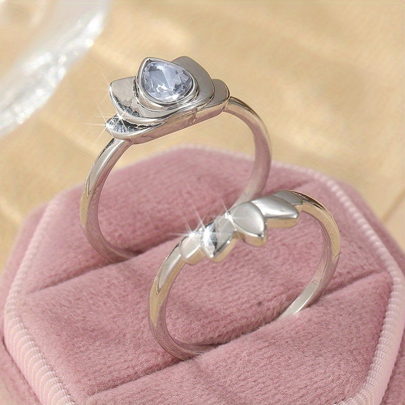 Retro Teardrop Zirconia Lotus Flower Ring in Silver Colour