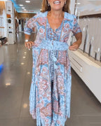 V-Neck A-Line Maxi Dress with Adjustable Tie Waist