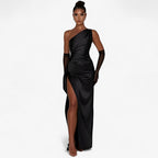 Satin Evening Gown with Asymmetric High Slit Detail