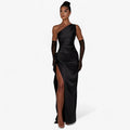 Satin Evening Gown with Asymmetric High Slit Detail