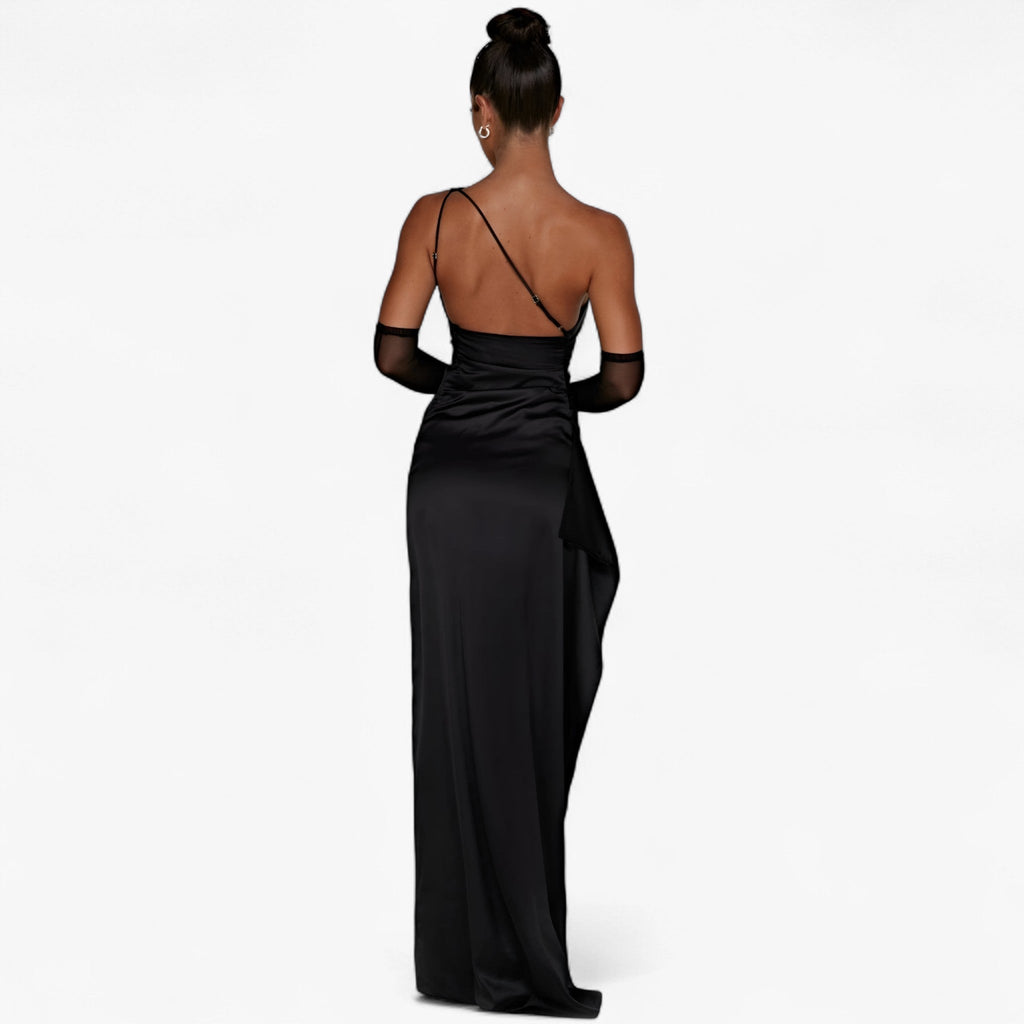 Satin Evening Gown with Asymmetric High Slit Detail