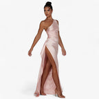 Satin Evening Gown with Asymmetric High Slit Detail
