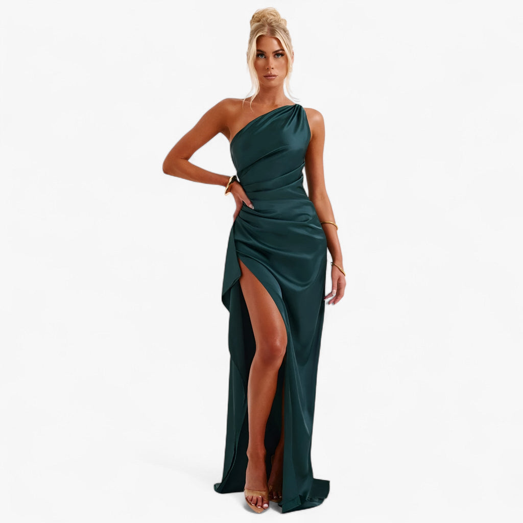 Satin Evening Gown with Asymmetric High Slit Detail