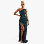 Satin Evening Gown with Asymmetric High Slit Detail