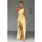 Satin Evening Gown with Asymmetric High Slit Detail