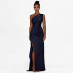 Satin Evening Gown with Asymmetric High Slit Detail