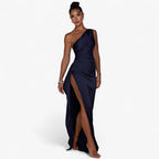 Satin Evening Gown with Asymmetric High Slit Detail