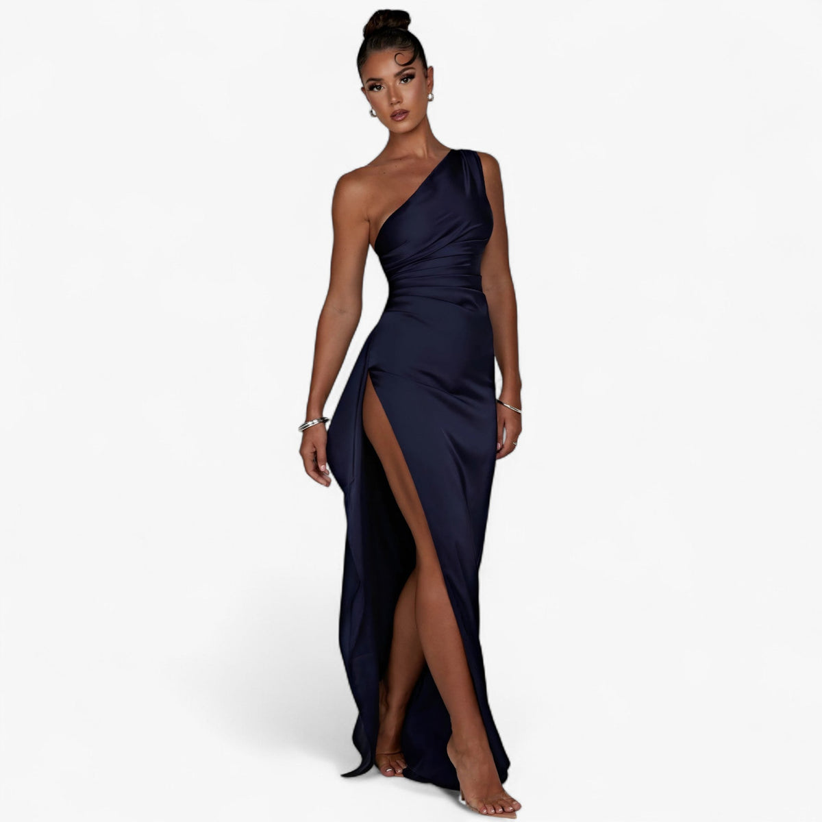 Satin Evening Gown with Asymmetric High Slit Detail