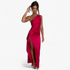Satin Evening Gown with Asymmetric High Slit Detail