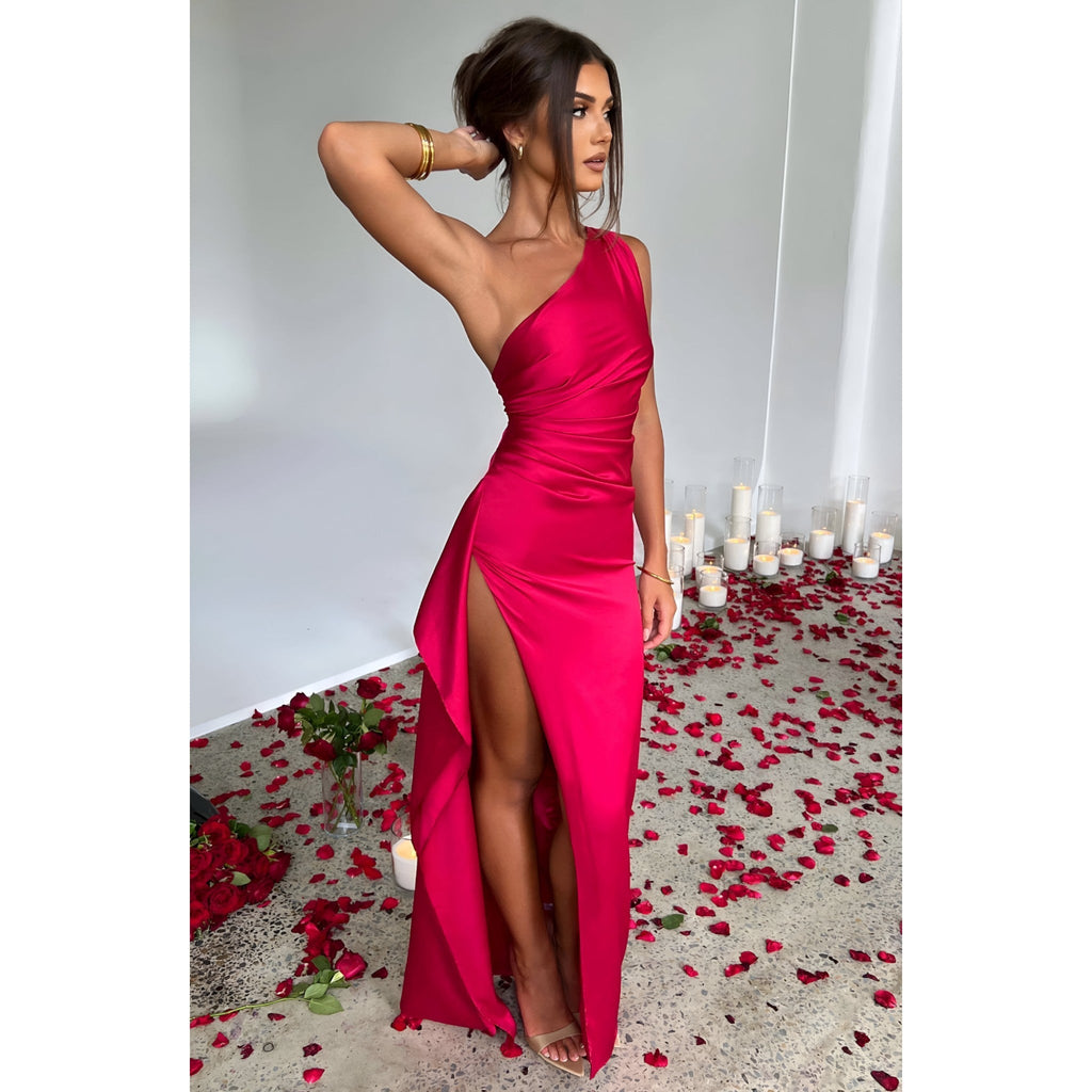 Satin Evening Gown with Asymmetric High Slit Detail