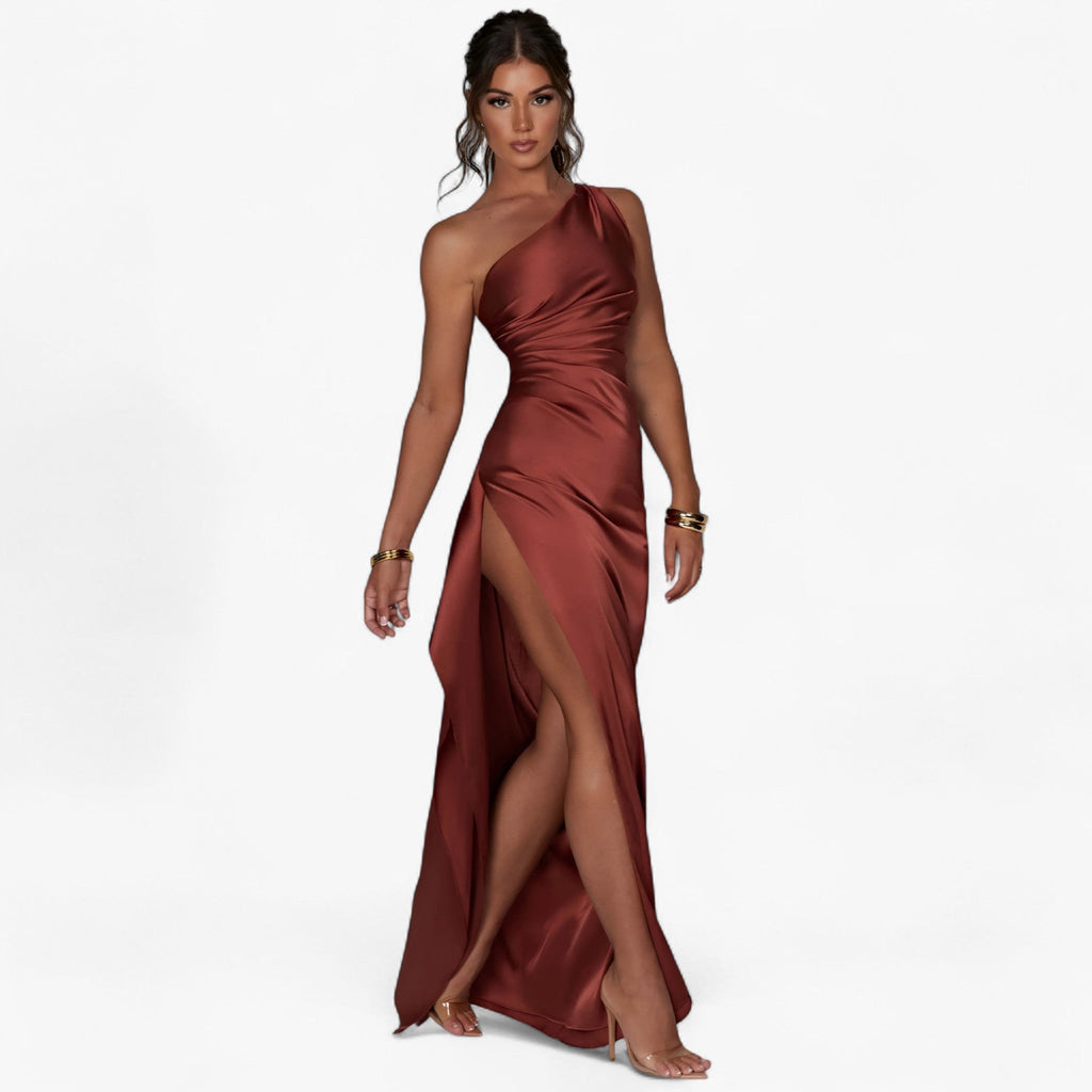Satin Evening Gown with Asymmetric High Slit Detail