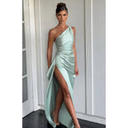 Satin Evening Gown with Asymmetric High Slit Detail