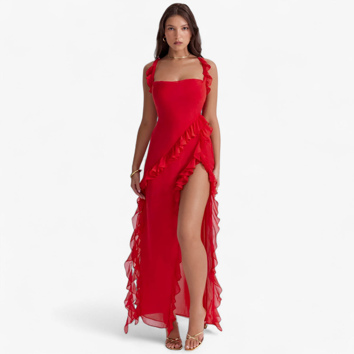 Vestido largo con cuello de pico profundo y abertura lateral alta ajustable