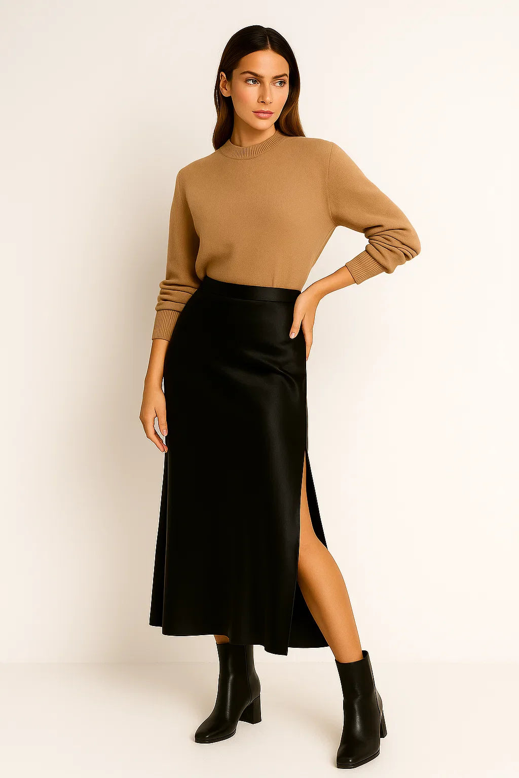 Satin Skirt with Elastic Waistband and Fluid Drape