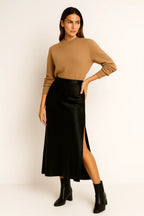 Satin Skirt with Elastic Waistband and Fluid Drape