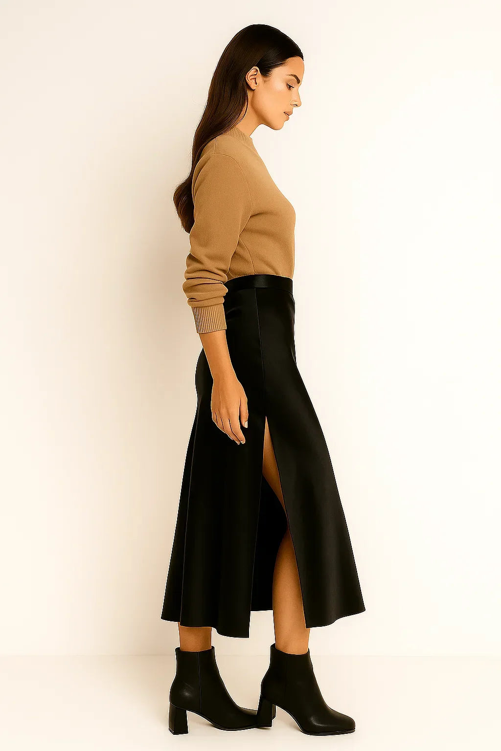 Satin Skirt with Elastic Waistband and Fluid Drape