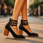Block Heel Shoes with Triple Buckle Straps