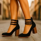 Block Heel Shoes with Triple Buckle Straps