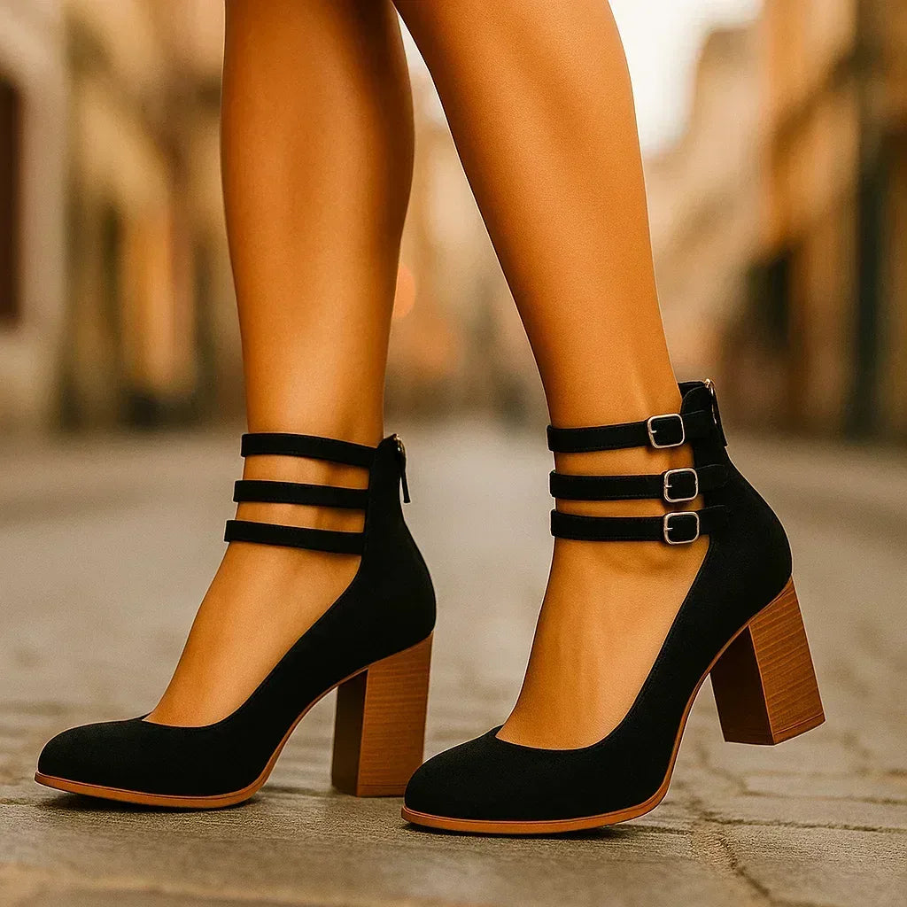 Block Heel Shoes with Triple Buckle Straps