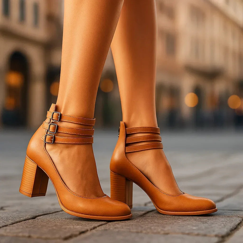 Block Heel Shoes with Triple Buckle Straps
