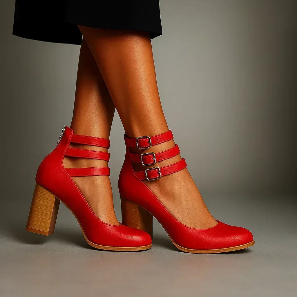 Block Heel Shoes with Triple Buckle Straps